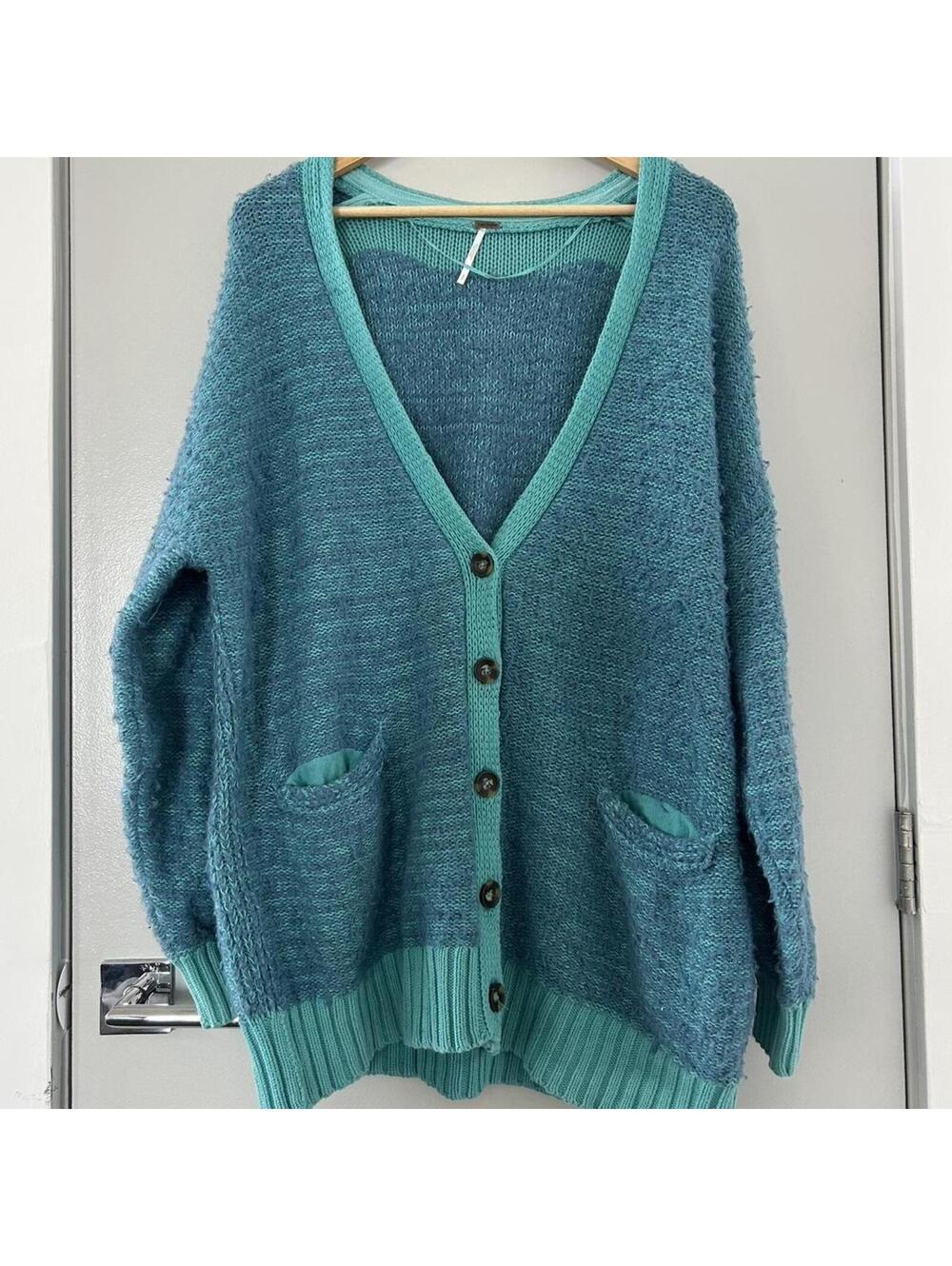 Free People oversized teal blue cardigan with pockets